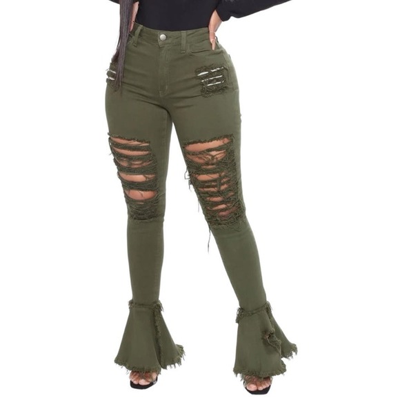 Fashion Nova Denim - Fashion Nova Women’s Green Fray What You Mean Distressed  Flare Leg Jeans Size 9